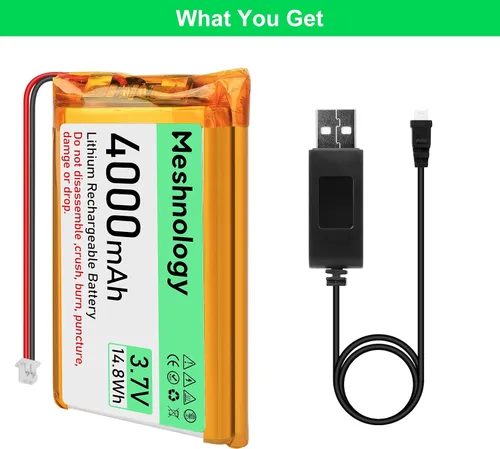 Vista 15 de Batería Li de 3.7 V 4000 mAh con cable de cargador USB 124065 1S LiPo batería con placa de protección, cinta de goma aislada y enchufe micro JST