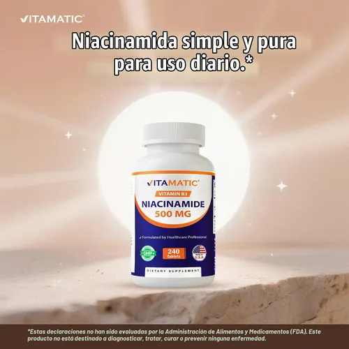 Vista 4 de Vitamatic Niacinamida 500 mg 240 Tabletas - Vitamina B3 sin rubor - Apoya la producción de energía