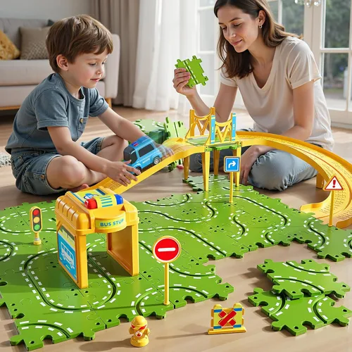 Vista 5 de Juego de pista de carreras de rompecabezas grande de 2 niveles para niños de 3 a 5 años, juego de pistas de rompecabezas, juguetes de pistas