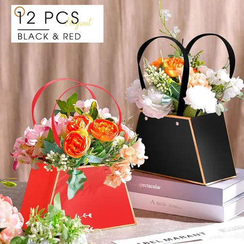 Vista 2 de Fuutreo 12 bolsas de regalo de flores de graduación para ramos, cajas portátiles para arreglos florales con asa, bolsas impermeables para envolver