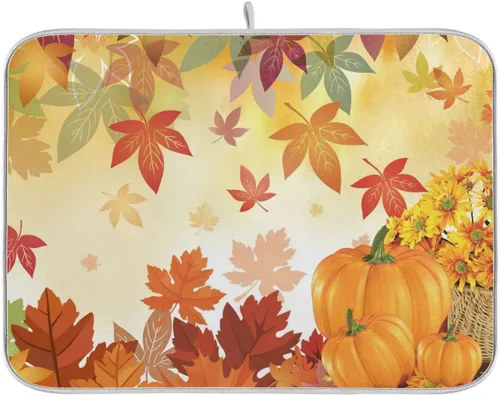 Vista 29 de Tapete de Secado de Platos de Florero de Girasoles Otoñales para Encimera de Cocina, Tapete de Secado de Hojas de Arce y Calabaza Otoñal de 16 x 18
