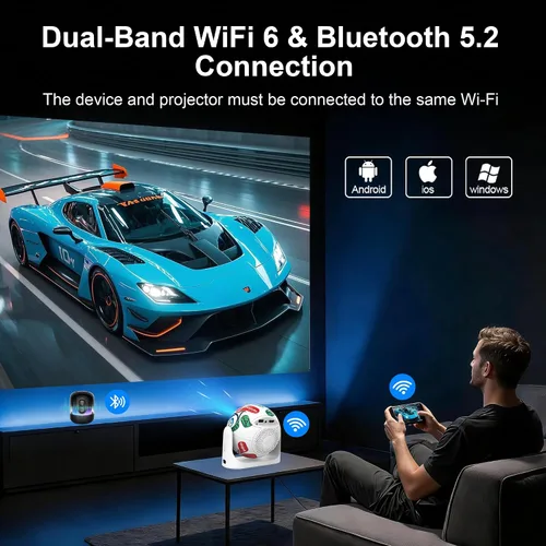 Vista 7 de Mini proyector con WiFi y Bluetooth, proyector de películas para techo de dormitorio 4K Supported, 180° Rotatable, Built-in Apps, Auto Keystone &