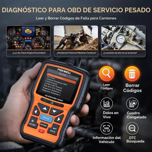 Vista 2 de FOXWELL Escáner de camión resistente HD301, herramienta de escaneo diesel de sistema completo con 6/9/16 pines, lector de código 2 en 1