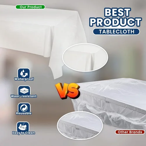 Vista 5 de BULK - Manteles de plástico blanco Paquete de 100 54 x 108 pulgadas Se adapta a mesas plegables y de picnic estándar Plegado, fácil
