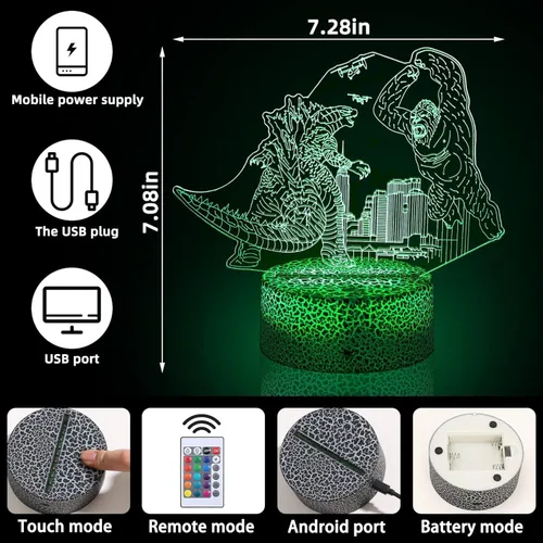 Vista 5 de Luz nocturna para niños, lámpara de dinosaurio King Kong Toys, luz nocturna LED que cambia de color, luz nocturna LED de ilusión 3D, control remoto