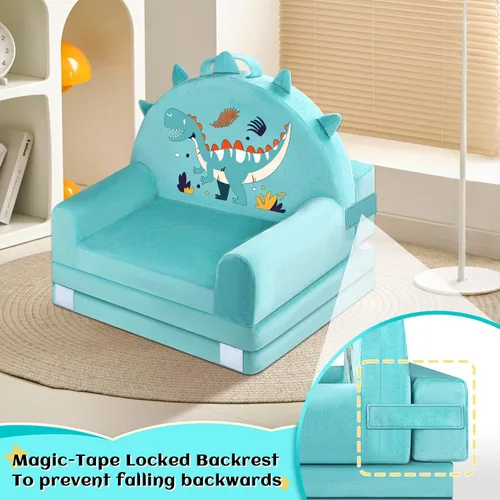 Vista 8 de Sofá cama de dinosaurio para niños con funda extraíble lavable y respaldo de cinta mágica - Silla plegable para niños pequeños, cómodos muebles
