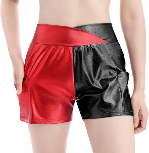 Vista 3 de Pantalones cortos de baile brillantes para mujer con frente en V cintura alta para yoga gimnasio fiesta de rave pantalones cortos con bolsillos