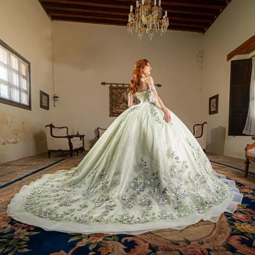 Vista 2 de Zhangyo Dulce 15 16 vestidos de quinceañera fuera del hombro vestido de bola hinchado con tren flores 3D vestido de fiesta de cumpleaños