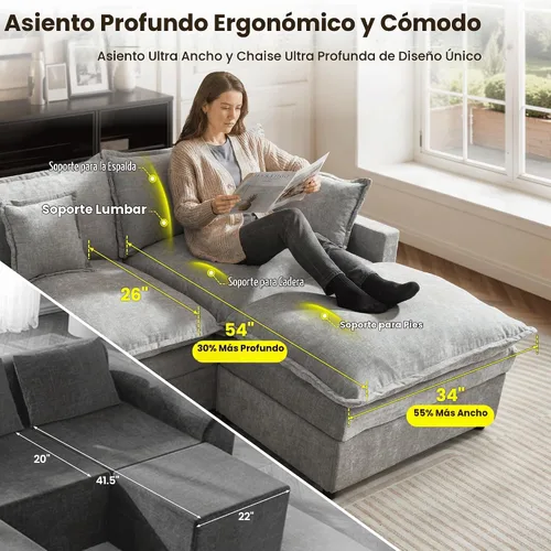Vista 8 de ovios Sofá modular Cloud de 108 pulgadas con 2 otomanas, sofá en forma de U de 5 plazas, cómodos sofás de felpilla con 5 almohadas para sala de Gris