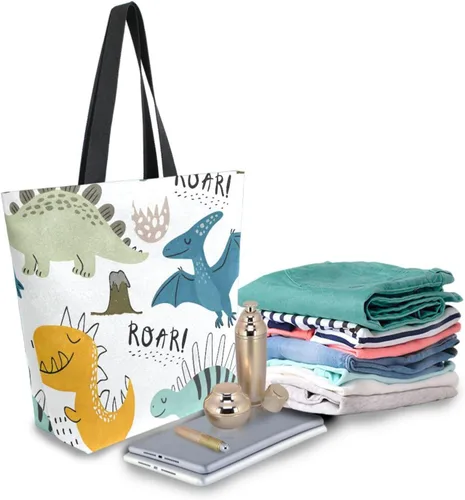 Vista 7 de SUABO Bolsa de asas de cocina reutilizable para comestibles, bolsa de compras de lona para exteriores Dinosaurio