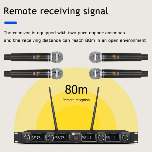 Vista 5 de W IN-MIX Sistema de micrófono inalámbrico UW140, juego de micrófono inalámbrico UHF de 4 canales con cuatro micrófonos de mano, frecuencia