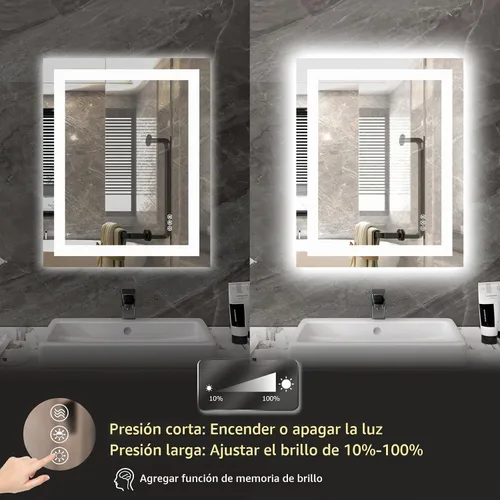 Vista 7 de Hivone - Espejo de baño LED de 24x30 pulgadas con luces, función antivaho, regulable, retroiluminado + iluminación frontal, espejo de tocador