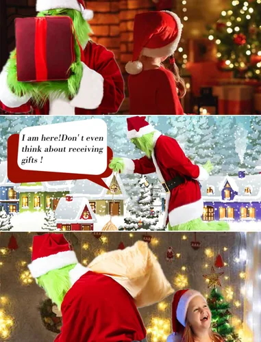 Vista 6 de Christmas Green Monster Costume Adult, 8PCS Green Santa Suit Deluxe Furry Santa Costume Set Luxury Santa Outfit