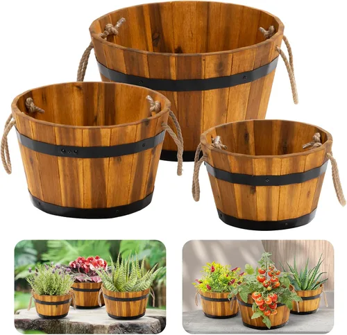 Vista 11 de Juego de 3 cajas de flores de madera para exteriores, macetas de barril de madera de acacia duraderas para plantas al aire libre con asas