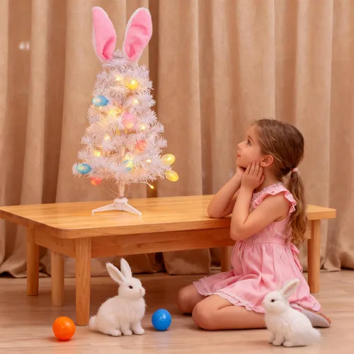 Vista 5 de Dynaming Decoraciones de mesa de Pascua, árbol blanco de conejo de Pascua iluminado de 23 pulgadas, árbol de mesa artificial preiluminado con orejas
