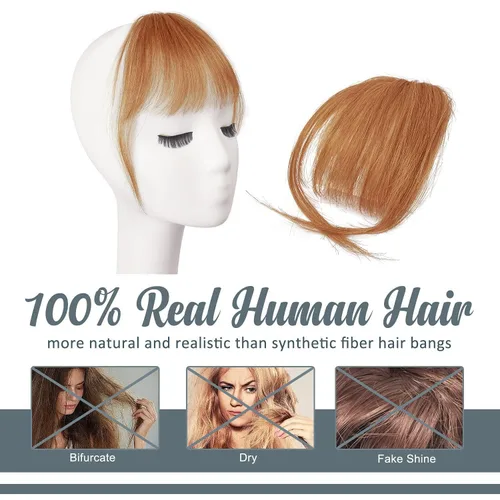 Vista 2 de BARSDAR Flequillo postizo de pelo humano real - Flequillo postizo 100% pelo humano para mujeres - Extensiones de flequillo ondulado castaño rojizo