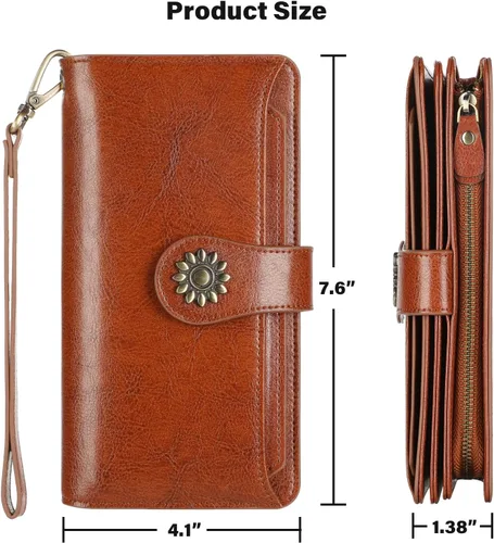 Vista 7 de Lavemi Carteras de cuero genuino de gran capacidad con bloqueo RFID para mujer, tarjetero con correa para la muñeca
