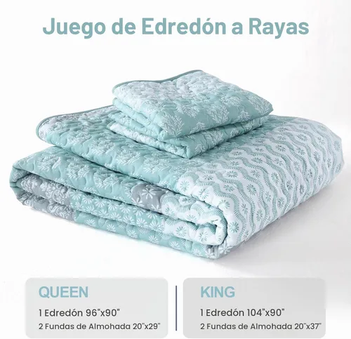 Vista 5 de Cottolester Juego de edredón Aqua tamaño Full, colcha a rayas estilo bohemio, juego de ropa de cama de microfibra ligera y suave de 3 piezas, 78"x90