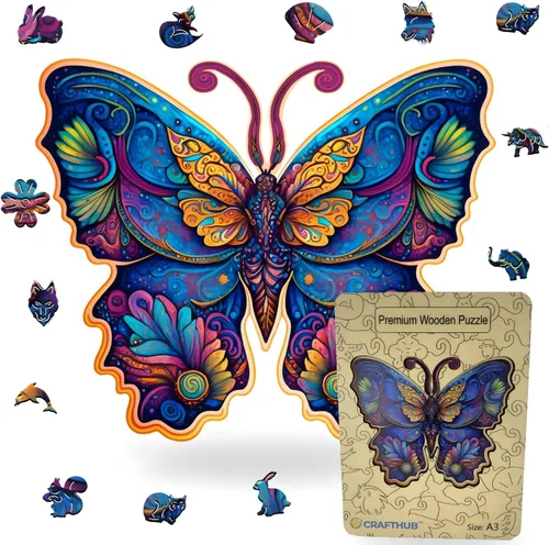 Vista 2 de CRAFTHUB Rompecabezas de madera con diseño de animales, diseño de mariposa y león intrincado para adultos y niños, tamaño grande y A3
