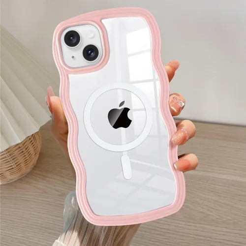 Vista 26 de QLTYPRI Funda magnética para iPhone 11 compatible con Magsafe, bonita funda transparente con marco de onda rizada para niñas y mujeres, parachoques