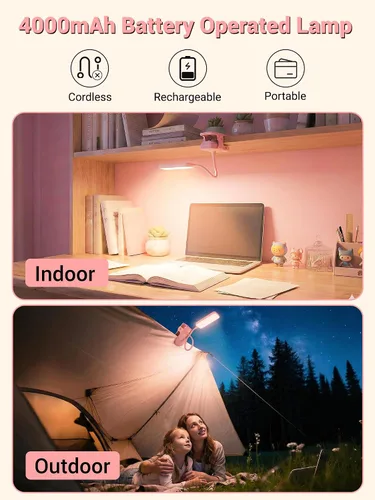 Vista 4 de Lámpara de escritorio rosa linda luz de lectura, 45 modos de luz regulable con clip con batería de 4000 mAh, lámpara de escritorio recargable de 450