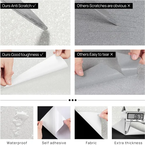 Vista 4 de FunStick Papel tapiz blanco perlado con purpurina de 15.8 x 240 pulgadas, papel de contacto con purpurina blanca brillante para gabinetes