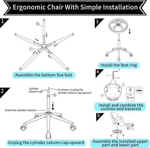 Vista 6 de Silla de dibujo ergonómica, silla de escritorio de computadora de pie, anillo de pie, soporte lumbar, silla giratoria para tareas - gris