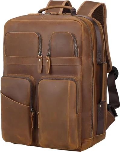 Vista 9 de TIDING Mochila para portátil de cuero de grano completo de 17.3 pulgadas para hombres, multibolsillos, casual, mochila de viaje de negocios, Negro