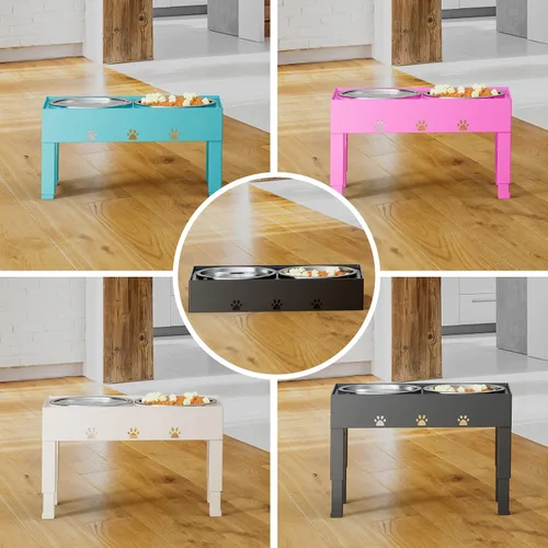 Vista 7 de LAKIPETN Tazones elevados para perros con 2 cuencos de acero inoxidable, soporte elevado para comida para perros, 5 alturas ajustables