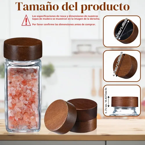 Vista 2 de FillTouch 40 tapas de madera para tarros de especias cuadrados de 4 y 8 onzas, reutilizables, herméticas de madera, tapas para conservas de especias