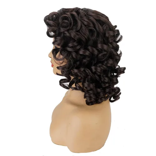 Vista 4 de andromeda Pelucas rizadas marrones para mujeres negras, peluca rizada afro suave con flequillo, suelta, bonita, rizada, resistente al calor, aspecto