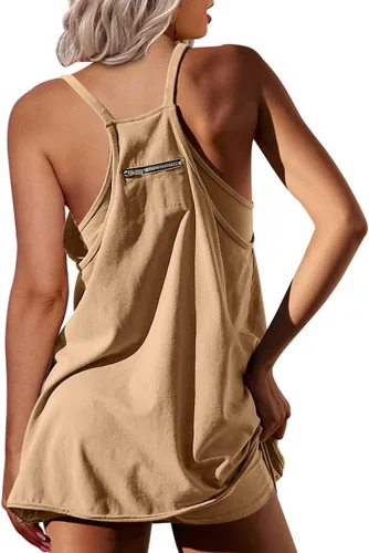 Vista 3 de NATRAKI Vestido atlético para mujer, minivestido de tiro caliente, enterizo de gran tamaño, bolsillos y pantalones cortos integrados, verano 2023