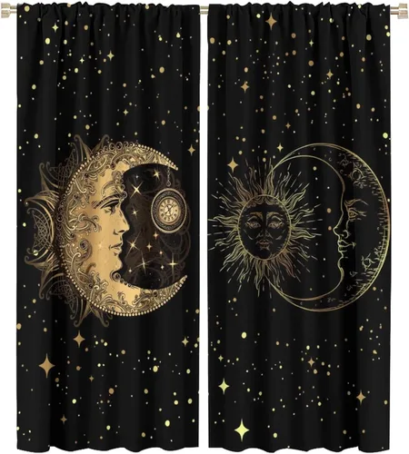 Vista 66 de Cortinas opacas con diseño de sol y luna, cuerpos celestes bohemios, con diseño de sol, luna y estrellas, para sala de estar, dormitorio, 42 x 45