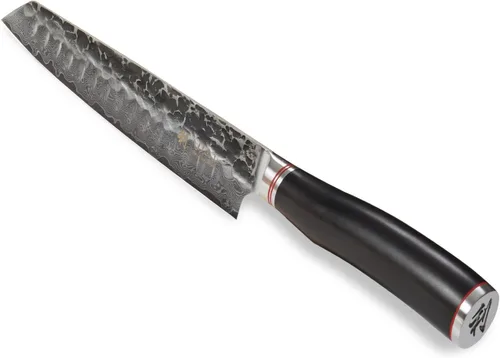 Vista 5 de Wakoli EBO - Cuchillo Kiritsuke para barbacoa, 7.9 pulgadas VG10 Damasco, mango de roble oscuro Damascus kitchen knife with an angled-tip blade
