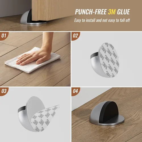 Vista 6 de Tope de puerta de suelo de media cúpula de acero inoxidable autoadhesivo con perforación sin goma, topes de puerta de suelo para dormitorio, sala