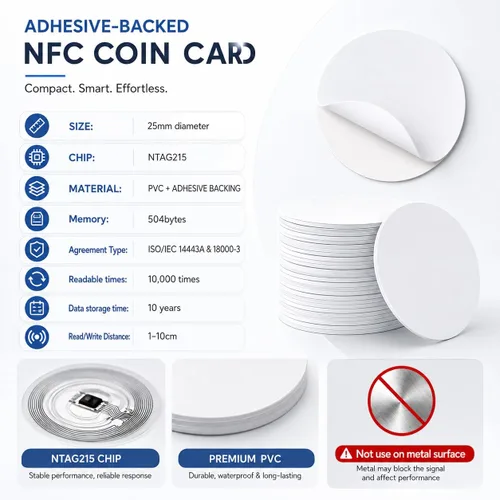 Vista 2 de 50 tarjetas de monedas NFC, tarjetas NFC NTAG215 en blanco, chip NFC rewitable de 0.984 in/1 pulgada, 215 tarjetas redondas con parte trasera