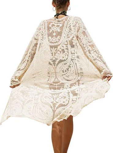 Vista 7 de Cárdigan de Encaje para Mujer de Crochet Floral Transparente Cobertor de Playa Kimono Largo Abierto
