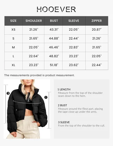 Vista 6 de Hooever Chaqueta corta para mujer, cuello alto, con cremallera completa, abrigo de burbujas