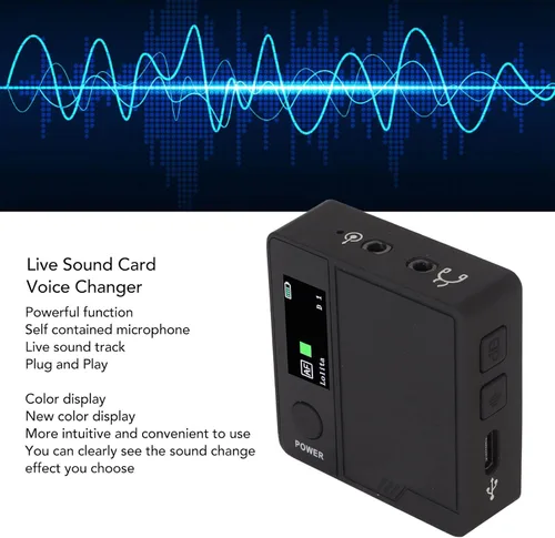 Vista 3 de Cambiador de voz con tarjeta de sonido en vivo, 11 efectos de sonido portátil, dispositivo cambiador de voz portátil Plug and Play Mini dispositivo