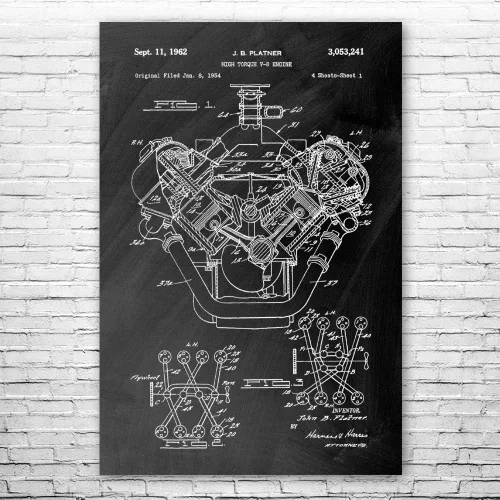 Vista 2 de V8 - Póster de motor impreso, arte de coche musculoso, hemisférico, plano del motor, taller de garaje, taller de carrocería, blanco y negro