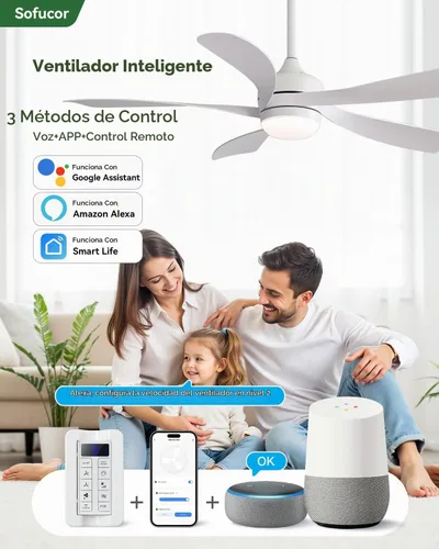 Vista 2 de Sofucor Ventilador de techo inteligente de 52", ventiladores de techo blancos para interiores/exteriores con luces y control remoto, funciona