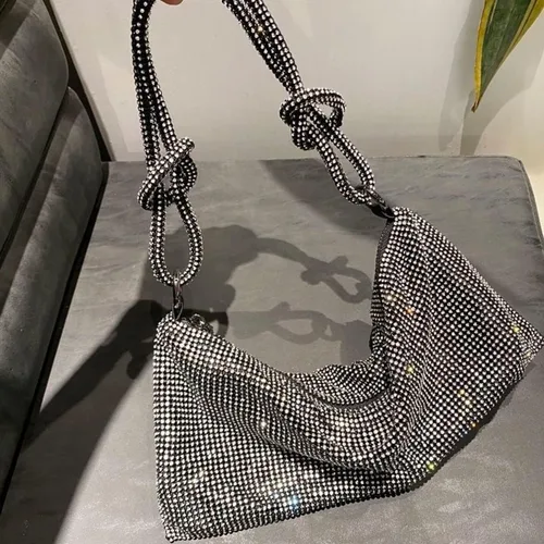 Vista 5 de Bolso Hobo con diamantes de imitación para mujer, elegante bolso de noche brillante plateado con diamantes de imitación, bolso dorado