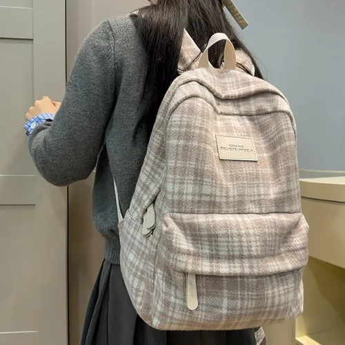 Vista 2 de Bonita mochila de pana para el hombro, mochila Y2k vintage para laptop para mujeres y hombres, mochila grande de viaje para uso diario, Beige