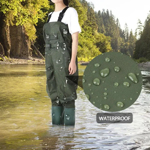Vista 3 de Vadeadores de pecho con botas, de 2 capas de PVC/nailon, impermeables, para caza, pesca, camuflaje y pesca Verde militar