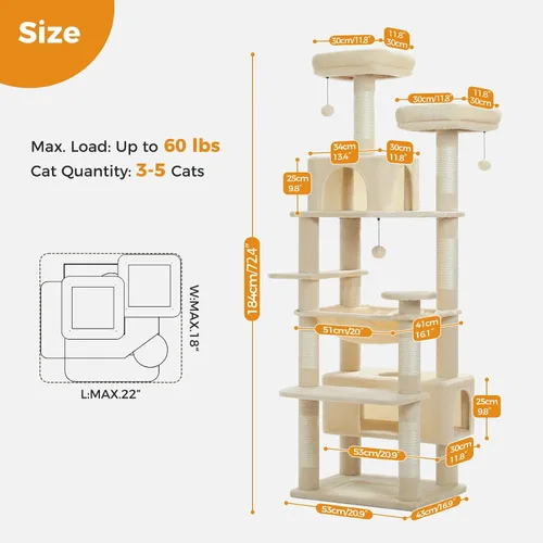 Vista 3 de PAWZ Road Árbol grande para gatos, torre para gatos de 72 pulgadas para gatos grandes, condominio para gatos con postes rascadores y almohadillas