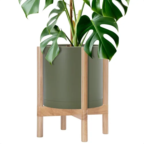 Vista 22 de Maceta de D'vine Dev con soporte - Maceta de flores de cilindro de plástico de 8.0 pulgadas con soporte de madera para interiores, maceta mate negra