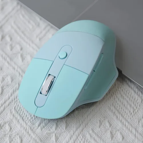 Vista 3 de Lomiluskr Ratón inalámbrico ergonómico de 2.4 G y Bluetooth de modo dual con cubierta de poliuretano, teclas sin sonido, colores dulces, compatible