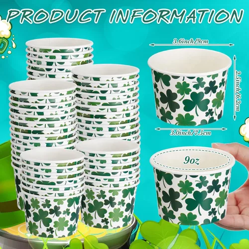 Vista 4 de Zopeal Paquete de 50 tazas de papel de 9 onzas para helado del Día de San Patricio, cuencos desechables para helado de trébol, tazas de aperitivos
