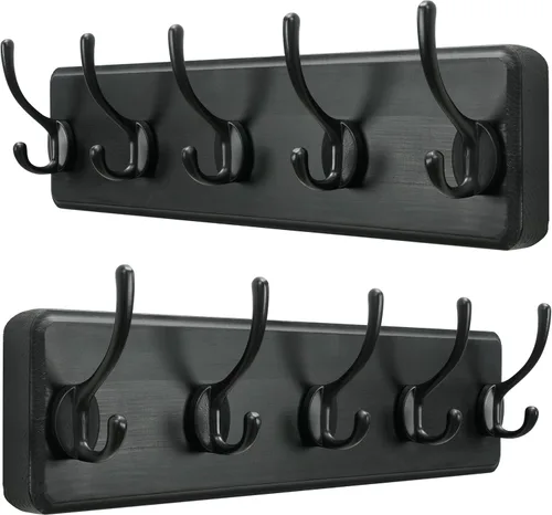 Vista 7 de SKOLOO Perchero rústico montado en la pared, perchero de madera maciza de pino, 5 ganchos para colgar ropa, batas, toallas, abrigos