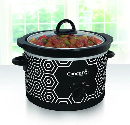 Vista 2 de Crock-Pot Calentador de alimentos y olla de cocción lenta portátil redonda de 4.5 cuartos de galón, patrón blanco y negro (SCR450-HX)